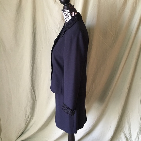 SOLD—Vintage 1990's Kasper Navy Bead Embellished Jeweled Skirt Suit, Size 2P - Picture 2 of 16